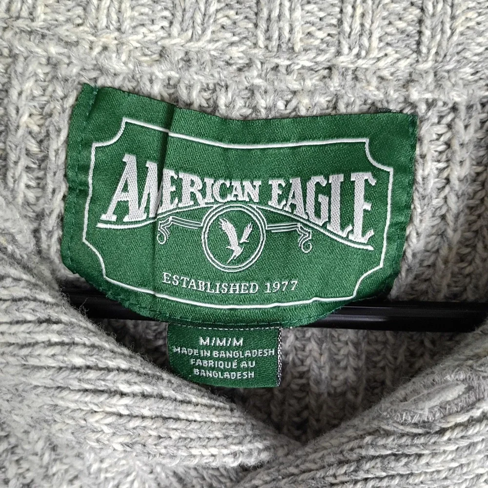 American‎ Eagle Mens Mock Neck Button Sweater Grey Marled Ribbed Knit Medium